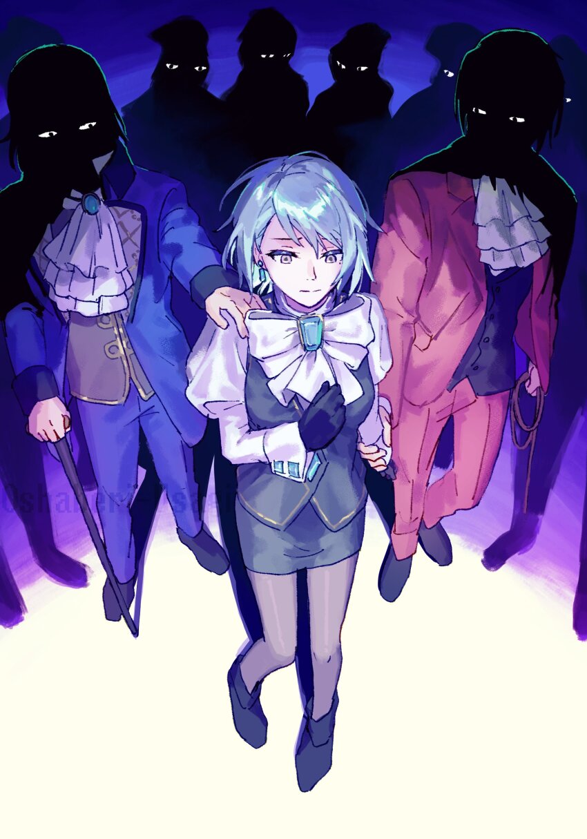 1girl absurdres ace_attorney ascot black_gloves blue_eyes blue_hair earrings father_and_daughter formal_clothes franziska_von_karma gloves highres holding jacket jewelry long_sleeves manfred_von_karma miles_edgeworth mole mole_under_eye necktie old old_man oshaberi_usagi pants phoenix_wright:_ace_attorney_-_justice_for_all puffy_sleeves shirt short_hair skirt vest