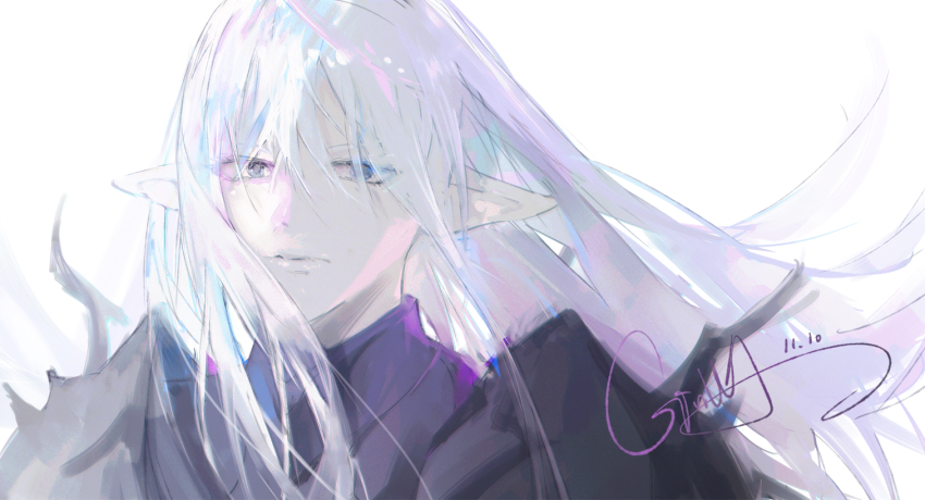 1boy armor black_armor blue_eyes chinese_commentary commentary dated elezen elf estinien_varlineau expressionless final_fantasy final_fantasy_xiv floating_hair hair_between_eyes long_hair looking_at_viewer male_focus pointy_ears shengxianxiaoyupian signature simple_background solo spiked_armor upper_body white_background white_hair