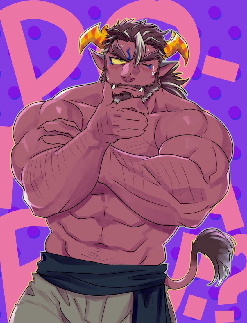 1boy abs another_eidos-r bara beard blush brown_hair colored_sclera colored_skin cowboy_shot demon_boy demon_horns facial_hair forked_eyebrows frown green_eyes hairy hand_on_own_chin highres horns horse_boy large_pectorals looking_at_viewer love_handles male_focus mature_male multicolored_hair muscular muscular_male mustache mustache_stubble navel nervous_sweating official_alternate_costume one_eye_closed pectorals pointy_ears purple_background purple_skin short_hair solo sparse_chest_hair sparse_navel_hair stalon_(another_eidos) stomach stroking_beard stroking_own_chin strongman_waist stubble sweat text_background thick_eyebrows topless_male tusks white_hair yakisoba_ohmori yellow_horns yellow_sclera