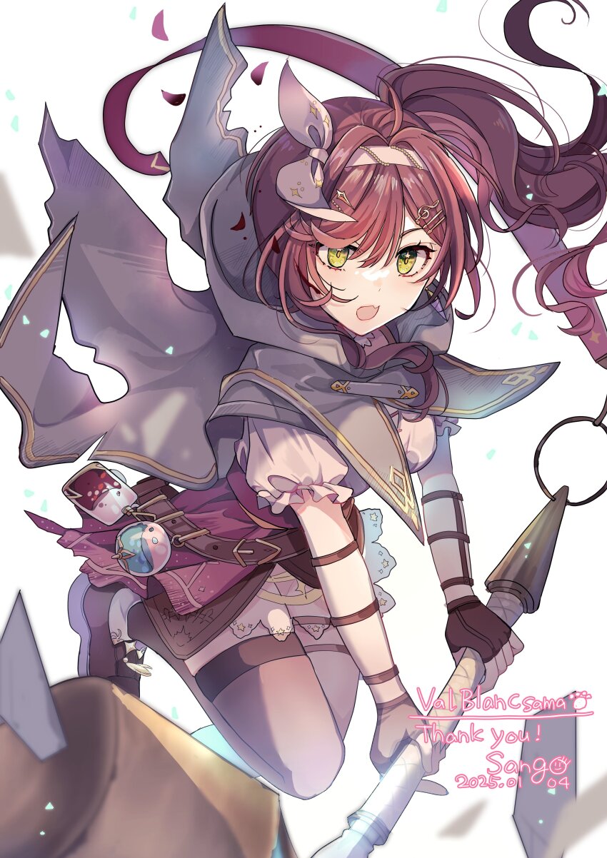 1girl absurdres arm_strap bow brown_footwear brown_gloves brown_hair brown_thighhighs cape commentary commission dated dress english_commentary fang fingerless_gloves fortissimo gloves green_cape green_eyes hair_bow hair_ornament hammer highres hip_flask holding holding_hammer holding_weapon hood hood_down hooded_cape indie_virtual_youtuber long_hair looking_at_viewer miori_celesta miori_celesta_(guildmaster) musical_note musical_note_hair_ornament overskirt puffy_short_sleeves puffy_sleeves red_skirt sango_(sango3_3) second-party_source short_sleeves side_ponytail simple_background skin_fang skirt solo star_(symbol) star_in_eye symbol_in_eye thighhighs treble_clef virtual_youtuber war_hammer weapon white_background white_bow white_dress