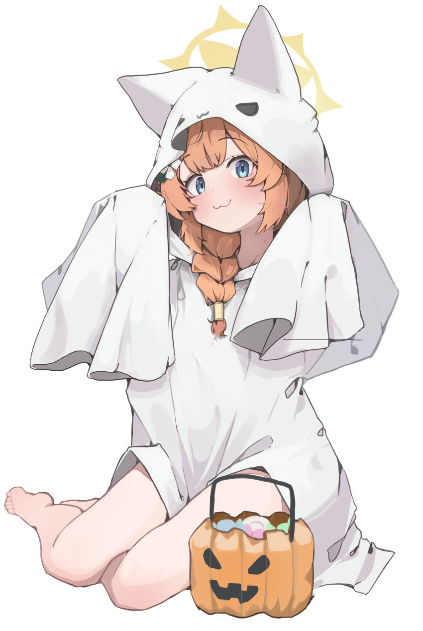 1girl absurdres barefoot blue_archive blue_eyes ghost_costume halloween halloween_costume halo highres mangotonic mari_(blue_archive) orange_hair simple_background solo white_background yellow_halo