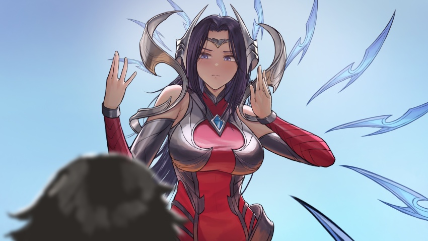1girl absurdres armor bad_source bare_shoulders blue_background blurry blurry_foreground breasts closed_mouth detached_sleeves dress firolian gem gradient_background hands_up highres irelia large_breasts league_of_legends long_hair looking_at_another pink_eyes purple_hair red_dress solo_focus