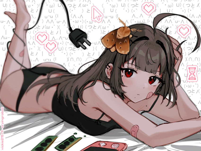 1girl antenna_hair arm_support arrow_(symbol) bandaid bandaid_on_arm bandaid_on_cheek bandaid_on_face bandaid_on_leg black_hair black_panties black_tank_top blurry bug commentary depth_of_field electric_plug emoticon expressionless handheld_game_console heart hourglass insect insect_hair_ornament kaomoji legs_up long_hair lying moth on_stomach original panties power_cord ram_(computer) red_eyes solo tank_top the_pose underwear underwear_only vickie_(cryingrobot) vickie_(cryingrobot)_(character)