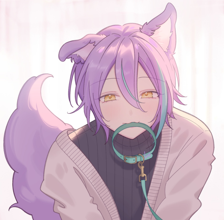 1boy :3 animal_collar animal_ears backlighting bishounen black_sweater blue_collar blue_hair blue_streaks cardigan collar commentary_request dog_boy dog_ears dog_tail double-parted_bangs grey_cardigan hair_between_eyes highres ire_(vampirero) kamishiro_rui leash light_blush male_focus mouth_hold multicolored_hair open_cardigan open_clothes pet_play portrait project_sekai purple_hair purple_tail ribbed_sweater rise_as_one!_(project_sekai) short_hair simple_background single_ear_down solo straight-on streaked_hair sweater tail tail_raised unworn_collar yellow_eyes