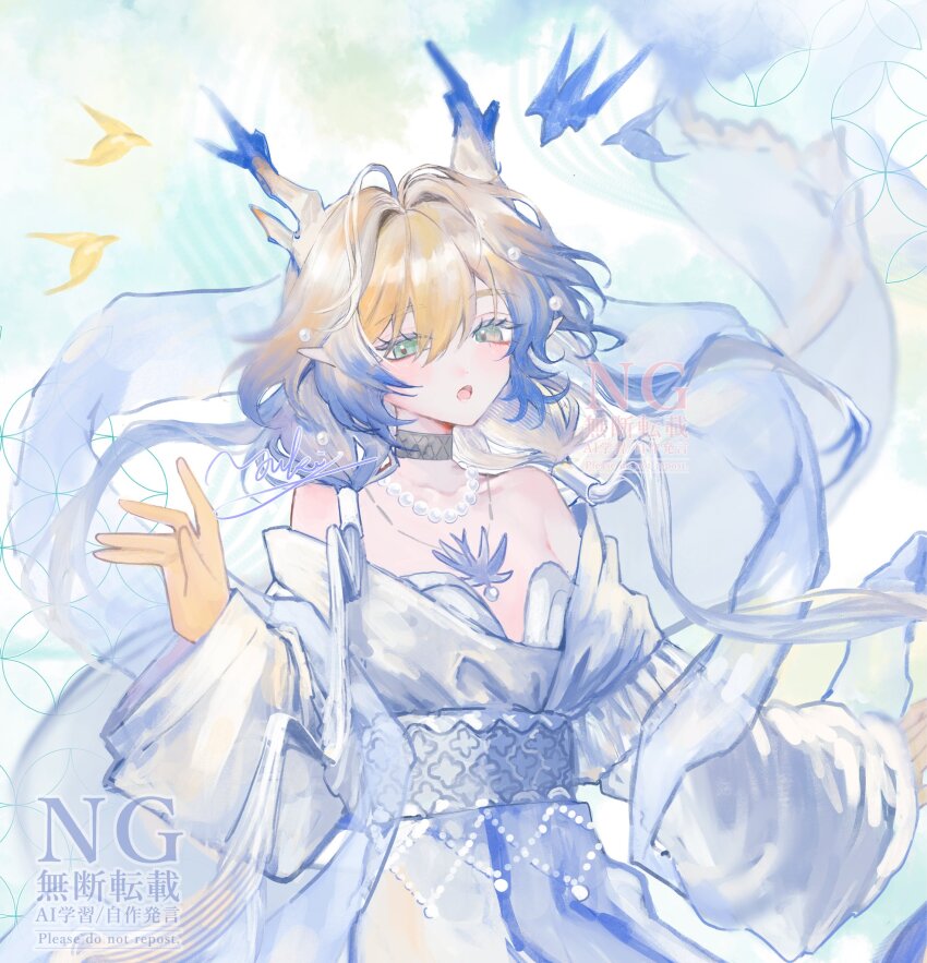 1girl :o ambience_synesthesia arknights bare_shoulders bird blonde_hair blue_bird blue_hair breasts choker collarbone colored_extremities colored_skin dress eastern_dragon_horns gradient_hair grey_eyes grey_hair hair_intakes hair_over_one_eye hand_up highres jewelry long_hair long_sleeves looking_at_viewer multicolored_hair necklace off-shoulder_dress off_shoulder official_alternate_costume parted_lips pearl_necklace pointy_ears shu_(arknights) shu_(bingwenyuyou)_(arknights) sidelocks signature small_breasts solo watermark white_dress wide_sleeves yellow_bird yellow_skin yuuki_(yukitomoka)