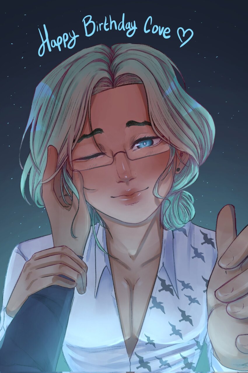 1boy 1other ;) animal_print bird_print collared_shirt cove_holden english_text green_eyes green_hair hand_on_another&#039;s_face hand_on_another&#039;s_wrist happy_birthday highres looking_at_viewer low_ponytail main_character_(our_life) neutralartist one_eye_closed our_life:_beginnings_and_always pectoral_cleavage pectorals ponytail reaching reaching_towards_viewer shirt short_hair sky smile star_(sky) starry_sky viewer_self-insert white_shirt