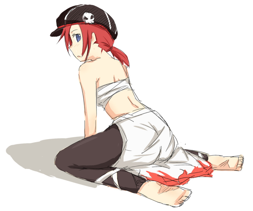 1girl ass back barefoot black_hat black_pants blue_eyes blush chest_sarashi clothes_around_waist commentary_request full_body hat hat_ornament looking_at_viewer looking_back nagioka newsboy_cap open_mouth pants ragnarok_online red_hair sarashi shirt shirt_around_waist short_hair simple_background skull_hat_ornament solo sura_(ragnarok_online) white_background white_shirt
