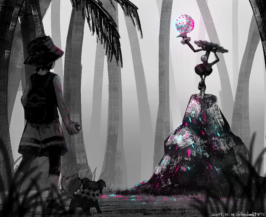 1boy arm_up backpack bag blacephalon bucket_hat commentary_request dated disembodied_head elio_(pokemon) from_behind gen_7_pokemon hand_on_own_hip hat holding_detached_head kirisaki_makoto_(nrtncp) nintendo palm_tree pokemon pokemon_(creature) pokemon_usum rockruff shirt shoes shorts sleeveless sleeveless_shirt spot_color standing tree ultra_beast