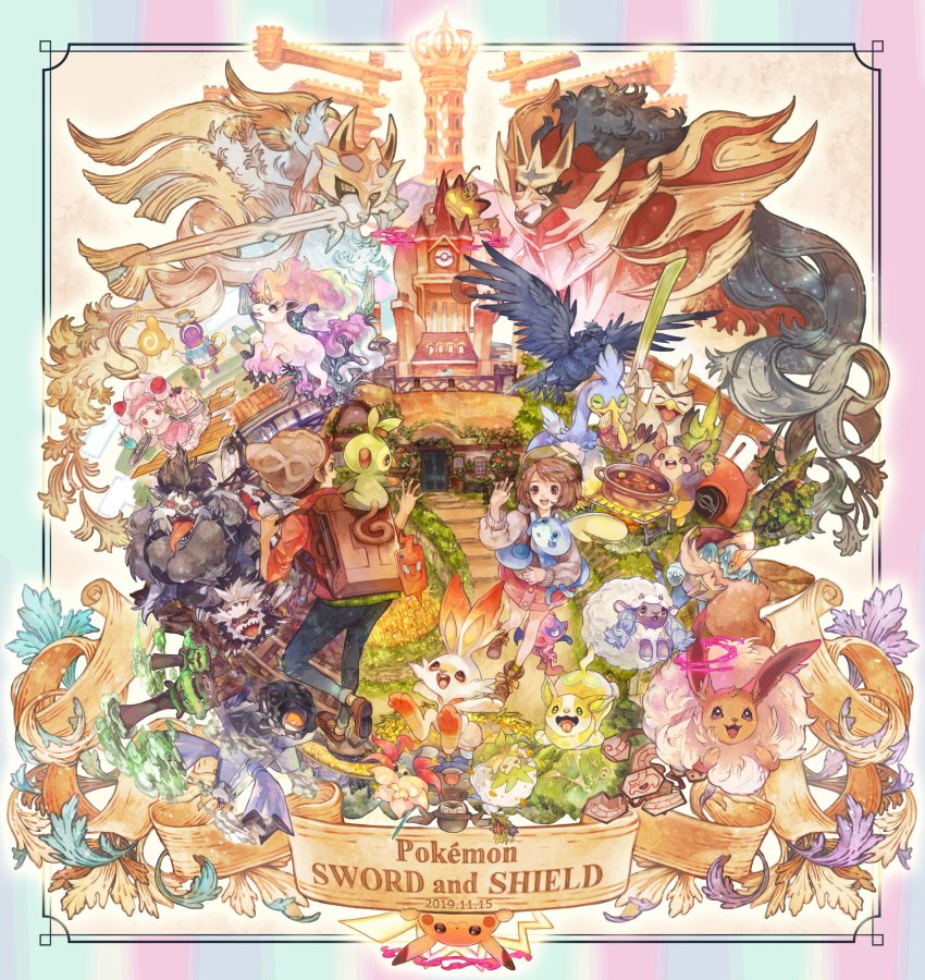 1boy 1girl :d absurdres alcremie beanie bob_cut boots brown_eyes brown_footwear brown_hair buttons cable_knit cardigan commentary_request corviknight cramorant denim drednaw eevee eldegoss galarian_form galarian_linoone galarian_ponyta galarian_weezing galarian_zigzagoon game_freak gen_1_pokemon gen_4_pokemon gen_8_pokemon gigantamax gigantamax_meowth gloria_(pokemon) gossifleur green_headwear green_legwear grey_cardigan grey_headwear grookey hand_up hat highres holding holding_pokemon impidimp jeans legendary_pokemon meowth mokunami morpeko morpeko_(full) mr._rime nintendo obstagoon open_mouth pants pikachu plaid pokemon pokemon_(creature) pokemon_swsh polteageist red_shirt rolycoly rotom rotom_phone runerigus scorbunny shirt shoes short_hair sleeves_rolled_up smile sobble socks suitcase tam_o&#039;_shanter teeth tongue torn_clothes torn_jeans torn_pants upper_teeth_only victor_(pokemon) wooloo yamper zacian zacian_(crowned) zamazenta zamazenta_(crowned)