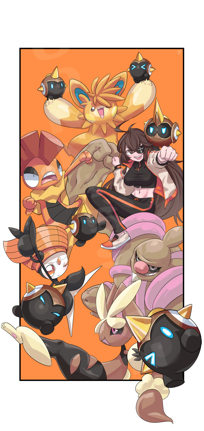 &gt;_&lt; 1boy 1other 3girls :3 absurdres alternate_color animal_feet animal_nose antenna_hair arm_up arms_up artist_name black_pants black_pantyhose black_sclera black_shirt blue_eyes blush blush_stickers body_fur border breasts bright_pupils brown_eyes brown_fur brown_hair clenched_hand clenched_hands closed_eyes colored_sclera colored_skin commission conkeldurr crop_top cross-laced_footwear crossed_bangs drawstring eyepatch falinks forehead_jewel furry furry_female gem gen_4_pokemon gen_5_pokemon gen_8_pokemon gpaper232 grin groin hair_between_eyes hand_up happy highres jacket kicking large_breasts leg_up legendary_pokemon long_ears long_hair long_sleeves looking_at_viewer lopunny matching_hair/eyes mega_lopunny mega_pokemon meloetta meloetta_(pirouette) midriff multicolored_footwear multicolored_skin multiple_girls mythical_pokemon navel nintendo one_eye_closed one_eye_covered open_clothes open_jacket open_mouth orange_background orange_eyes orange_gemstone orange_hair original outside_border outstretched_arm outstretched_arms pants pantyhose pawmot pawpads pink_eyes pink_skin pokemon rabbit_ears rabbit_girl scrafty shiny_pokemon shirt shoes short_hair sidelocks signature simple_background sitting_on_shoulder skindentation smile spikes spread_arms spread_legs stomach teeth torn_clothes torn_pantyhose track_pants trait_connection two-sided_fabric two-sided_jacket two-tone_fur two-tone_skin white_border white_eyes white_jacket white_pupils white_skin wink yellow_fur zipper