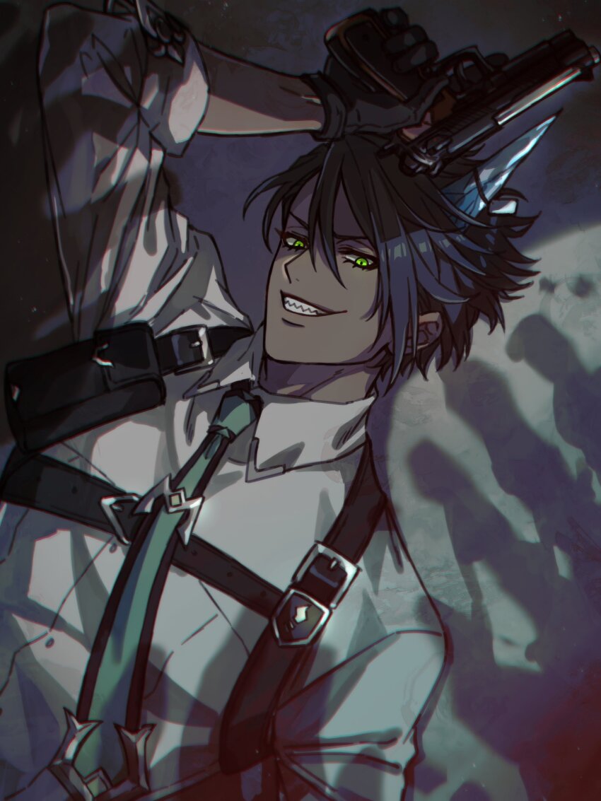 1boy aragami_oga arm_up black_gloves black_hair chest_harness cm10th collared_shirt dark-skinned_male dark_skin double-parted_bangs gloves green_eyes green_necktie grey_background grin gun hair_between_eyes handgun harness highres holding holding_gun holding_weapon holostars holster horn_ornament horns ice_horns looking_at_viewer male_focus necktie official_alternate_costume pouch shaded_face shadow sharp_teeth shirt short_hair shoulder_holster single_horn sleeves_rolled_up smile solo teeth trigger_discipline upper_body v-shaped_eyebrows virtual_youtuber weapon white_shirt