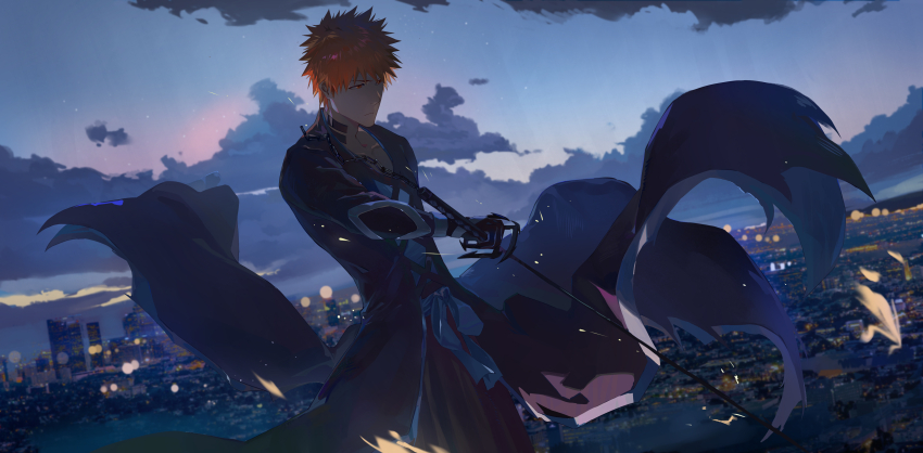 1boy absurdres arm_guards bankai black_hakama bleach chain city_lights cityscape closed_mouth cloud coattails collarbone cowboy_shot floating floating_clothes hakama highres holding holding_sword holding_weapon japanese_clothes katana kurosaki_ichigo male_focus midair obi orange_eyes orange_hair outdoors revision sash shihakusho shirt sky skyline sparks spiked_hair star_(sky) sword tensa_zangetsu_(bankai) twilight weapon white_shirt zzz_zhi_he