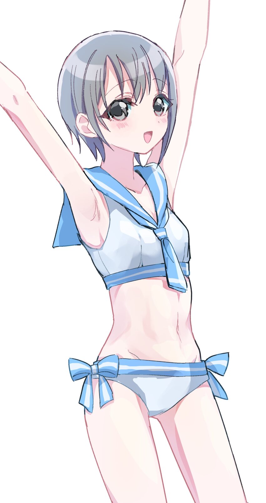 1girl absurdres armpits arms_up blue_sailor_collar blush breasts grey_eyes grey_hair highres idolmaster idolmaster_cinderella_girls kanipoposu open_mouth otokura_yuuki sailor_bikini sailor_collar sailor_swimsuit_(idolmaster) short_hair simple_background small_breasts smile solo white_background