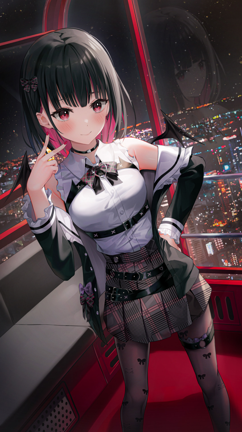 1girl black_bow black_bowtie black_hair black_jacket blush bow bow_print bowtie breasts brown_pantyhose cityscape closed_mouth collared_shirt colored_inner_hair demon_wings dress_shirt feet_out_of_frame hair_bow highres indie_virtual_youtuber indoors jacket long_sleeves looking_at_viewer medium_breasts medium_hair multicolored_hair nail_polish off_shoulder open_clothes open_jacket pantyhose pink_hair pleated_skirt red_eyes red_nails reflection rikotan_(vtuber) shirt shuvi_(shuvi1125) skirt smile solo standing thigh_strap v virtual_youtuber wings