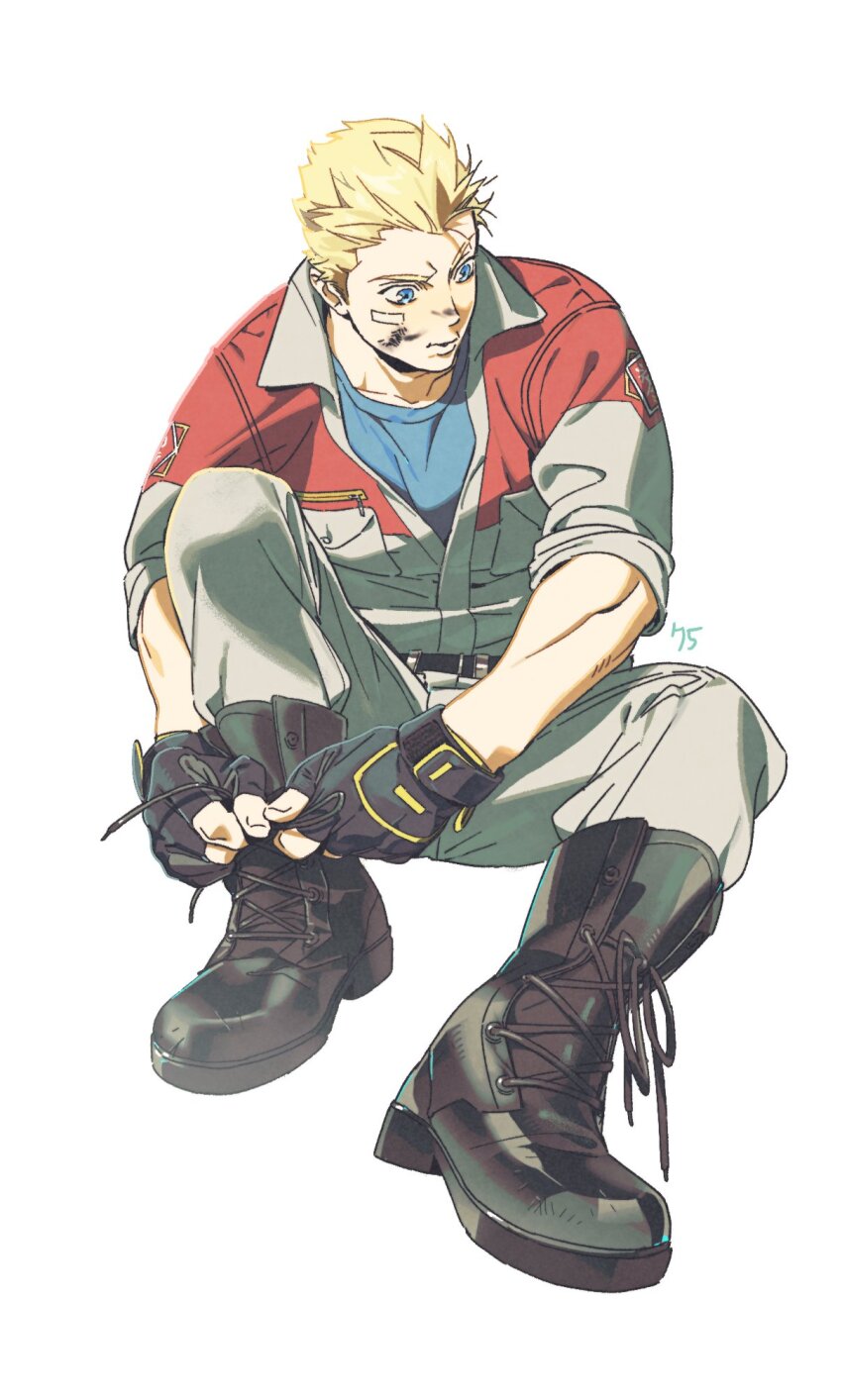 1boy aged_down belt black_belt black_gloves blonde_hair blue_eyes blue_shirt boots breast_pocket cid_highwind collared_shirt commentary crew_neck dirty dirty_face final_fantasy final_fantasy_vii fingerless_gloves gloves hair_slicked_back highres knee_up layered_clothes looking_to_the_side male_focus multicolored_shirt open_collar pants peonrin pocket pursed_lips shirt shirt_tucked_in shoelaces short_hair sideways_glance simple_background sitting sleeves_rolled_up solo symbol-only_commentary tying_footwear white_background white_pants