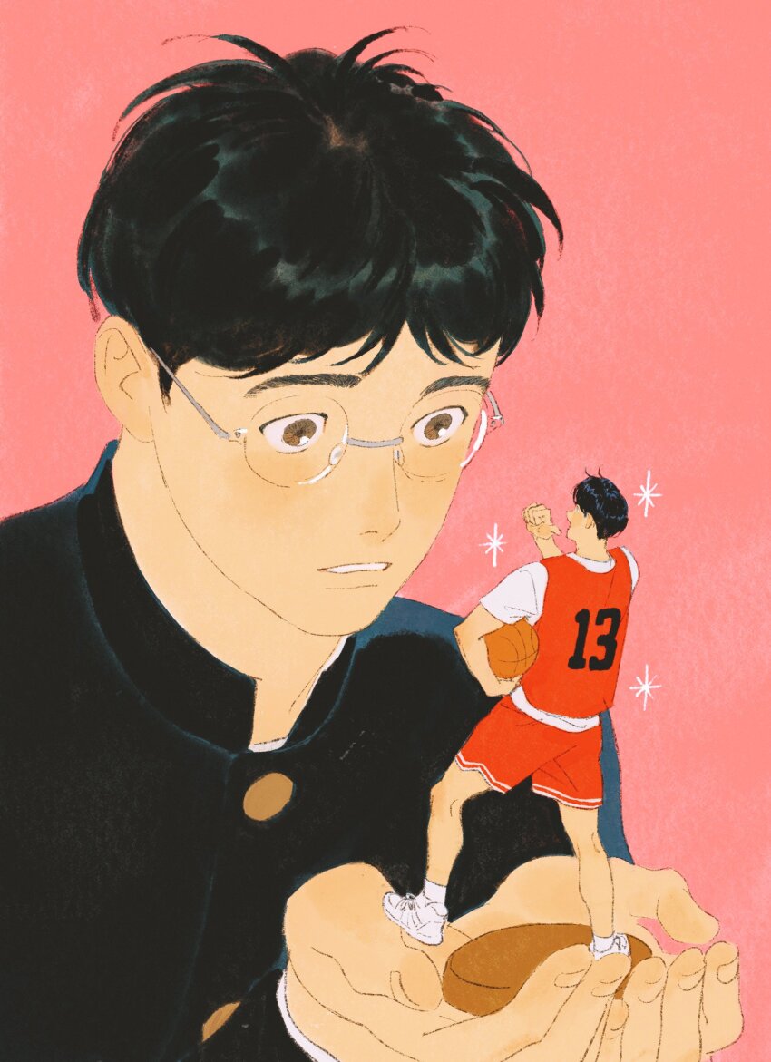 1boy ball basketball_(object) basketball_uniform black_hair black_jacket brown_eyes character_doll chengongzi123 chinese_commentary commentary_request gakuran glasses hands_up highres holding holding_ball in_palm jacket kogure_kiminobu long_sleeves male_focus parted_lips pink_background pointing pointing_at_self round_eyewear school_uniform short_hair simple_background slam_dunk_(series) sparkle sparkling_aura sportswear upper_body very_short_hair