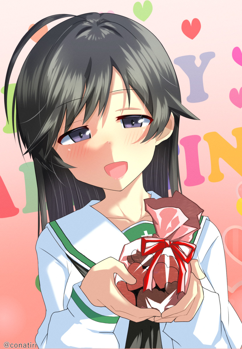 1girl ahoge black_eyes black_hair black_neckerchief blouse candy chocolate chocolate_heart commentary english_text food gift gift_bag girls_und_panzer half-closed_eyes happy_new_year heart heart-shaped_food highres holding holding_gift isuzu_hana konachiri long_hair long_sleeves looking_back neckerchief new_year ooarai_school_uniform open_mouth sailor_collar school_uniform serafuku shirt smile solo text_background twitter_username upper_body valentine white_sailor_collar white_shirt