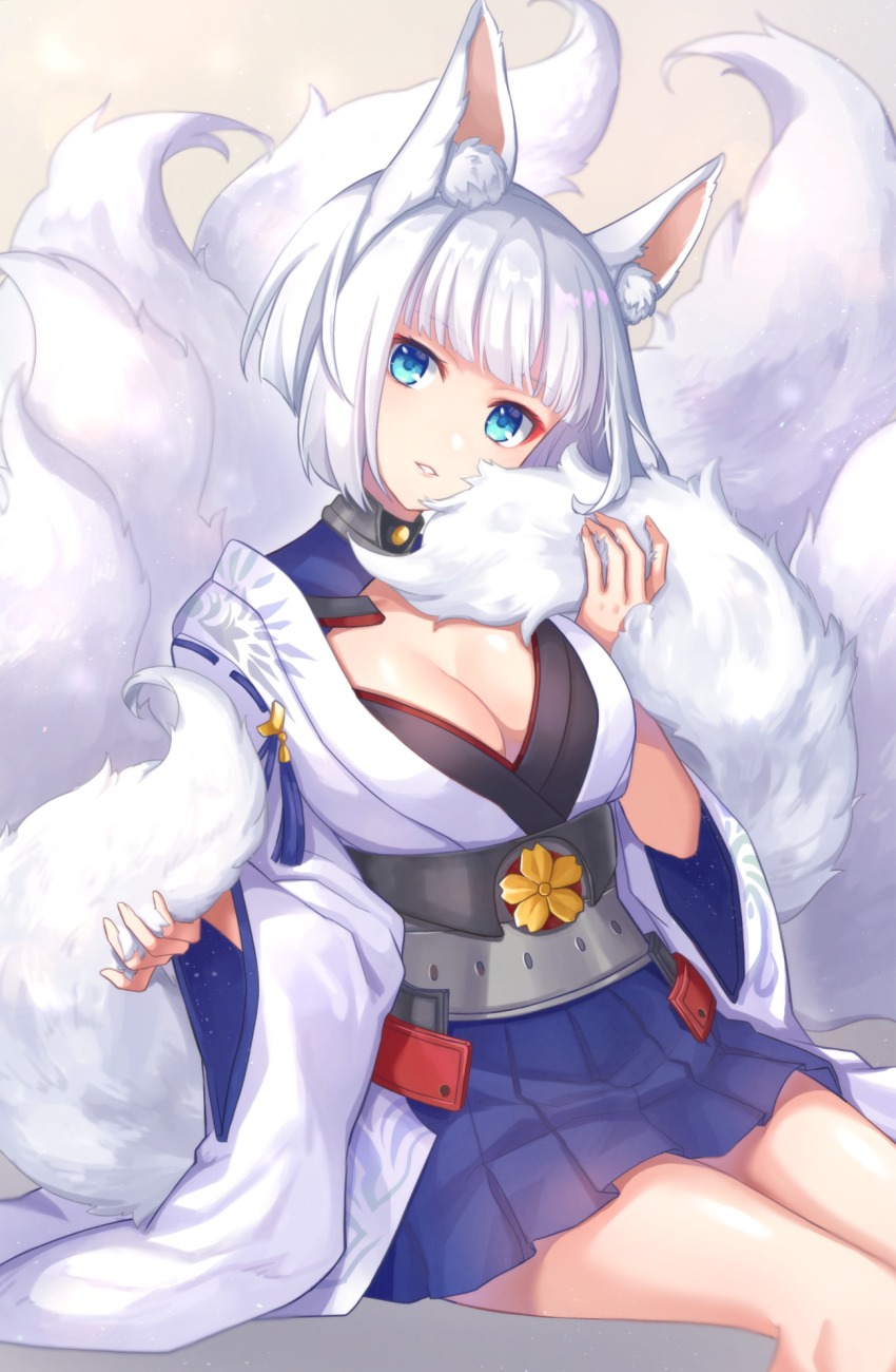 1girl animal_ears azur_lane blue_eyes blue_skirt blunt_bangs blush bob_cut breasts brown_background cleavage female_focus fox_ears fox_tail head_tilt highres holding_tail invisible_chair japanese_clothes kaga_(azur_lane) kimono kitsune kon_(k0n16) kyuubi large_breasts long_sleeves looking_at_viewer multiple_tails obi parted_lips ribbon_trim sash short_hair silver_hair simple_background sitting skirt smile solo tail tassel white_kimono wide_sleeves