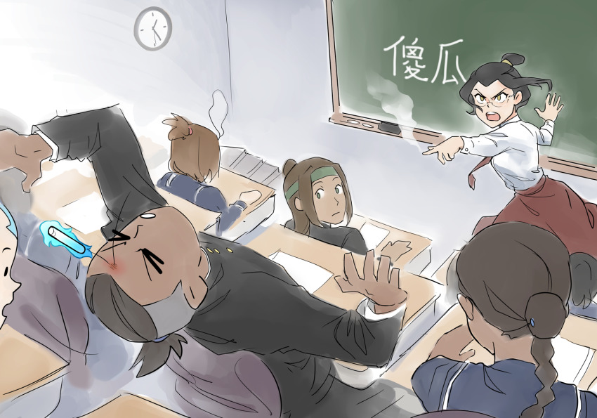 &gt;_&lt; 2boys 4girls aang alternate_universe arrow_(symbol) aura avatar:_the_last_airbender avatar_legends azula bespectacled black_hair blue_sailor_collar braid brown_hair bruise chalk chalkboard chinese_text classroom commentary coppercatter dark-skinned_female dark-skinned_male dark_skin english_commentary gakuran glasses green_eyes head_tattoo highres in_the_face injury katara multiple_boys multiple_girls necktie ponytail red_neckwear red_skirt sailor_collar school_uniform semi-rimless_eyewear shirt short_hair short_ponytail single_braid skirt smoking_finger_gun sokka teacher teeth throwing topknot under-rim_eyewear undercut upper_teeth_only white_shirt