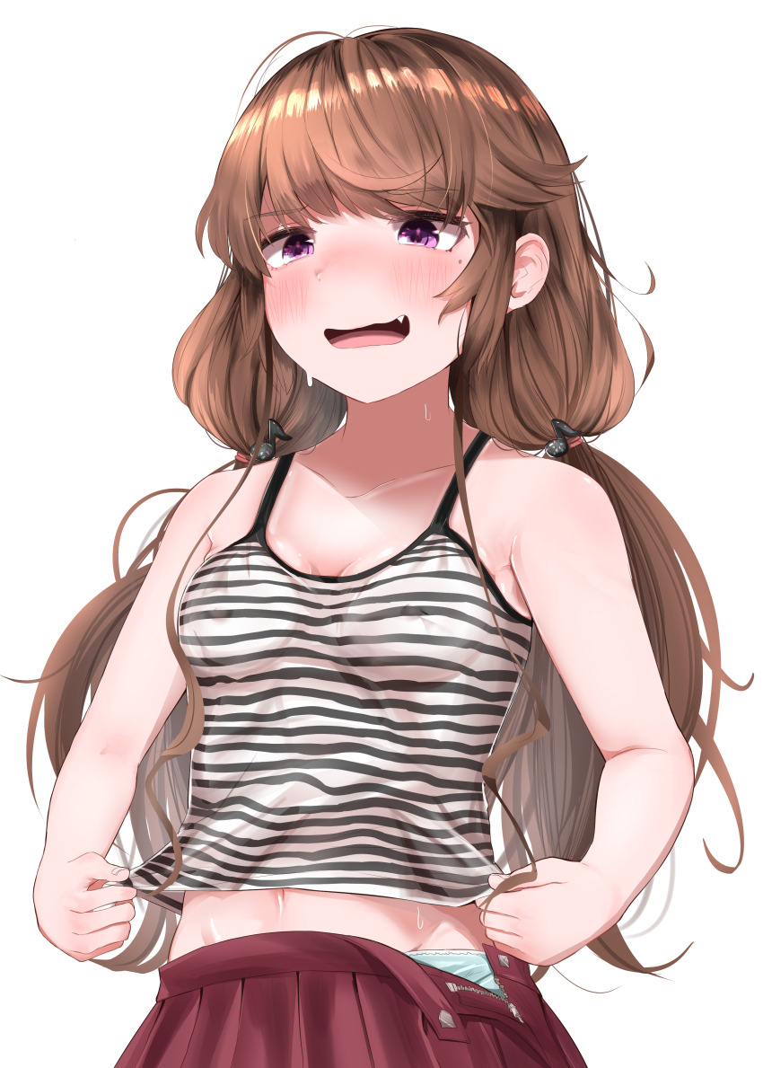 1girl absurdres adjusting_clothes blush breasts camisole covered_erect_nipples fang fortissimo hair_ornament highres hiyoko_setto low_twintails midriff musical_note musical_note_hair_ornament navel original panties panty_peek purple_eyes simple_background solo standing striped_camisole sweat twintails underwear white_background