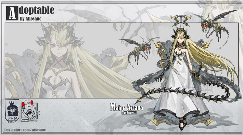 1girl adoptable allosauc artist_name asymmetrical_bangs bare_shoulders black_gloves black_headwear black_shoes blonde_hair breasts reference_sheet claws crown deviantart_username dress english_text eyelashes full_body gloves gold_necklace gradient_background grey_background hand_on_hilt jewelry long_hair looking_at_viewer low_neckline mechanical_arms mechanical_tail medium_breasts necklace original picture_frame polka_dot polka_dot_background projected_inset red_eyes shoes sidelocks simple_background single_glove single_mechanical_arm smoke solo stinger strapless strapless_dress sword tail tarot the_empress_(tarot) triangle_background v-shaped_eyebrows very_long_hair wasp watermark weapon white_dress