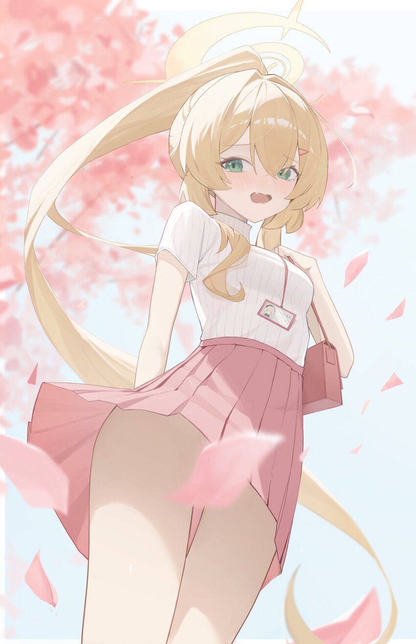1girl absurdres alternate_costume blonde_hair blue_archive gmi_(jimmyovob) green_eyes halo highres pink_skirt pinstripe_pattern pinstripe_shirt professor_niyaniya_(blue_archive) shirt skirt solo striped_clothes striped_shirt vertical-striped_clothes white_shirt yellow_halo