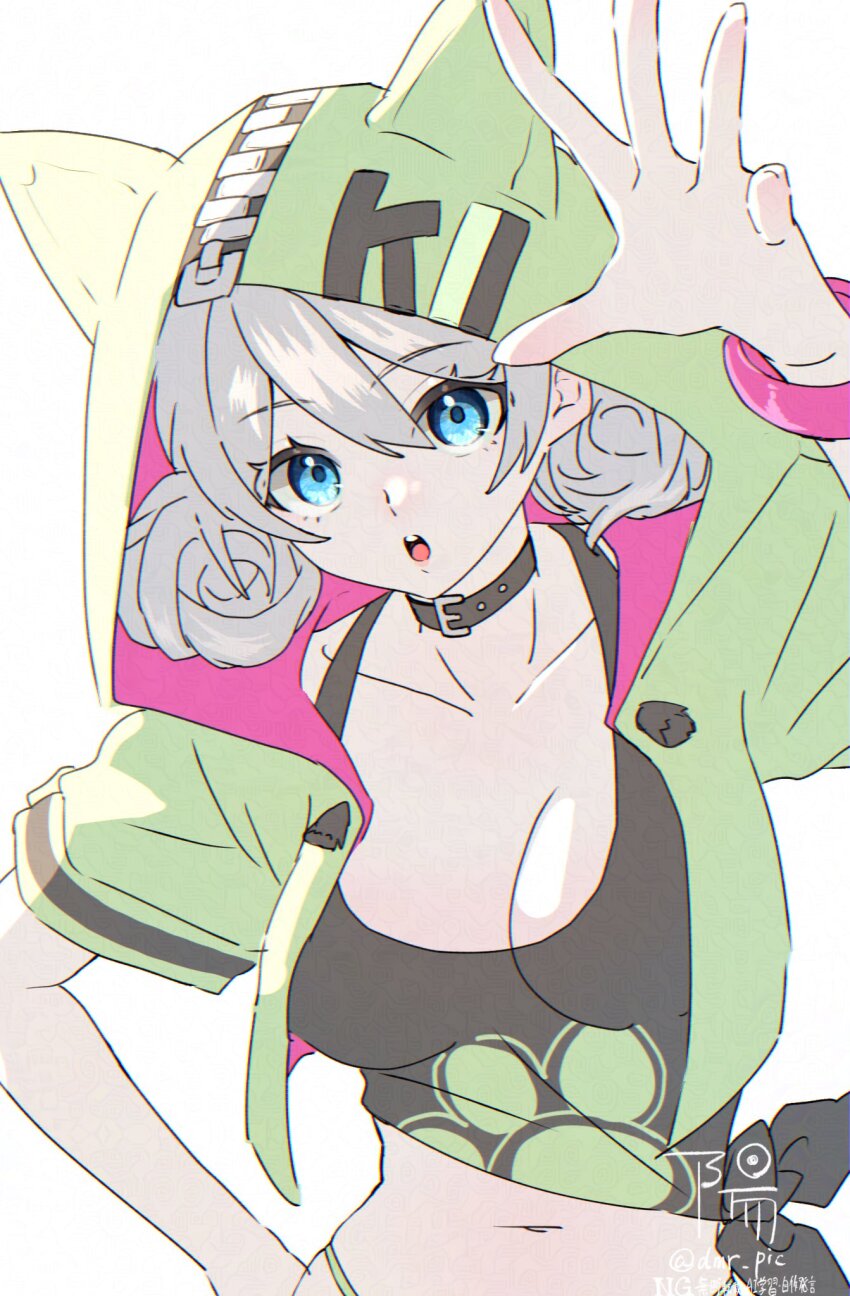 1girl animal_hood belt_collar black_shirt blue_eyes breasts cat_hood cleavage collar collarbone commentary_request dmr_pic green_hood highres honkai_(series) honkai_impact_3rd hood kiana_kaslana kiana_kaslana_(knight_moonbeam) kiana_kaslana_(lemon_soda) large_breasts midriff navel official_alternate_costume open_mouth paw_print shirt short_hair solo teeth tied_shirt twitter_username upper_teeth_only white_hair