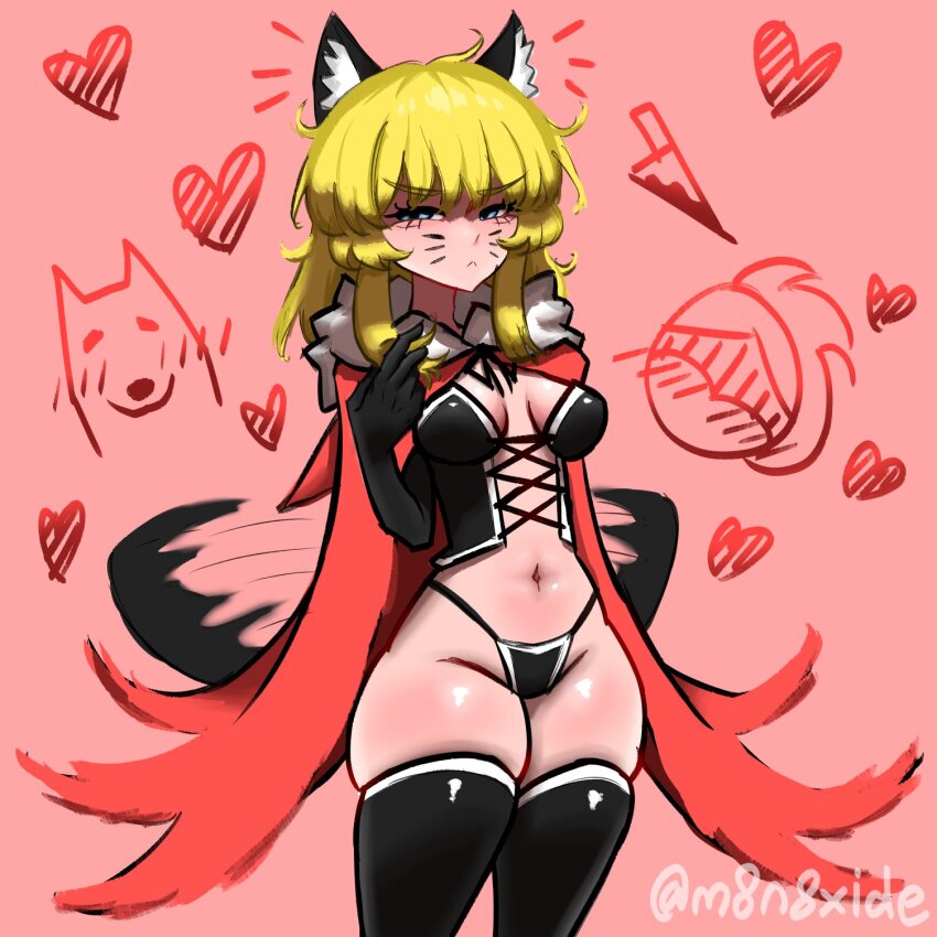 1boy 1girl animal animal_ears bikini black_bikini black_gloves black_ribbon black_souls black_souls_2 black_thighhighs blonde_hair blue_eyes blush breasts cape embarrassed facial_mark fur_trim gloves grimm_(black_souls) heart highres hood hooded_cape knife looking_at_viewer m8n8xide pink_background poro_(black_souls) red_cape red_hood_(black_souls) revealing_clothes ribbon sidelocks signature small_breasts swimsuit tail tail_wagging thighhighs v-shaped_eyebrows whisker_markings wolf_ears wolf_tail
