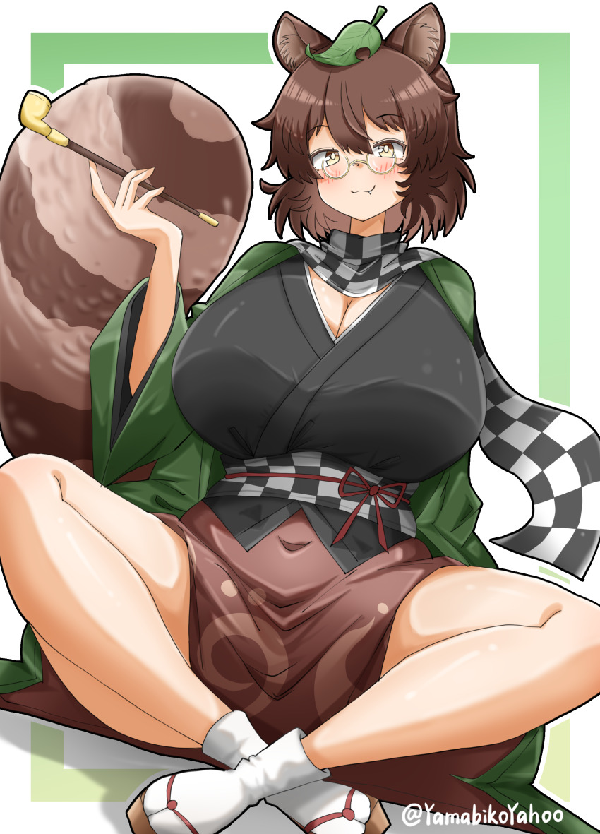 1girl absurdres animal_ears black_scarf black_shirt blush breasts brown_eyes brown_hair brown_skirt cleavage closed_mouth commentary covered_navel fang futatsuiwa_mamizou green_robe highres huge_breasts leaf leaf_on_head legs looking_at_viewer medium_hair plaid_clothes plaid_scarf raccoon_ears raccoon_girl raccoon_tail robe round_eyewear sandals scarf shirt sitting skirt smile socks solo symbol-only_commentary tail thighs touhou twitter_username white_scarf white_socks yamabikoyahoo