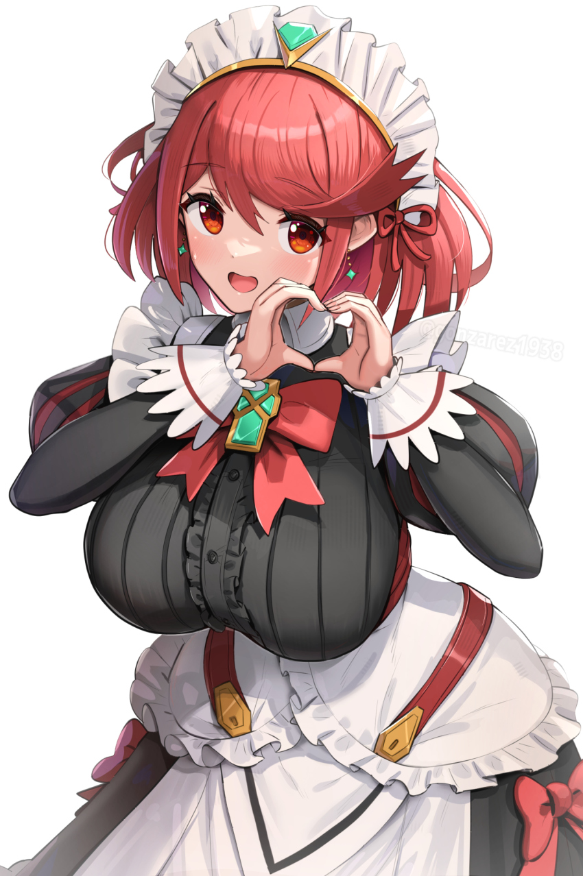 apron black_dress blush bow bowtie breasts cosplay cowboy_shot dress earrings frills gonzarez heart heart_hands highres jewelry juliet_sleeves large_breasts long_sleeves looking_at_viewer maid maid_headdress open_mouth poppi_(xenoblade) poppi_qt_(xenoblade) poppi_qt_(xenoblade)_(cosplay) puffy_sleeves pyra_(xenoblade) red_bow red_bowtie red_eyes red_hair short_hair solo swept_bangs tiara white_apron xenoblade_chronicles_(series) xenoblade_chronicles_2