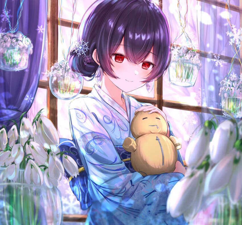 1girl blue_hair blue_kimono blue_sash blurry blurry_foreground blush closed_mouth curtains doll dot_nose earrings flat_chest flower_pot hair_between_eyes hair_bun hair_ornament highres holding holding_doll idolmaster idolmaster_shiny_colors indoors japanese_clothes jewelry kimono long_sleeves looking_at_another morino_rinze obi obijime red_eyes sash short_hair sky_cappuccino smile snowflake_hair_ornament snowflakes solo straw_doll upper_body white_footwear wide_sleeves window