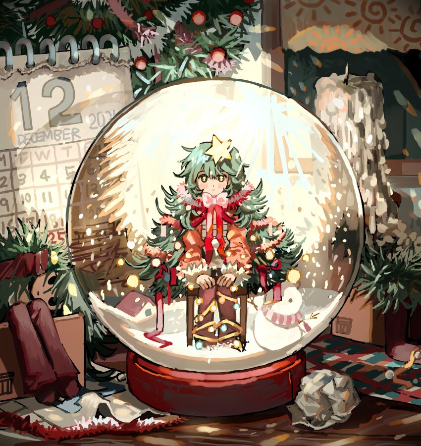 absurdres bow calendar_(object) candle christmas_ornaments christmas_ornaments_in_hair christmas_star christmas_tree christmas_wreath green_eyes green_hair hair_between_eyes hands_on_own_knees highres light_blush light_rays looking_at_viewer messy_hair myango_(applemangocrape) original red_bow red_sweater smile snow snow_globe snowman sweater wreath