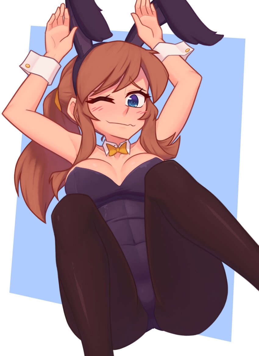 1girl a_hat_in_time absurdres aged_up alternate_costume animal_ear_hairband animal_ears black_hairband black_leotard black_pantyhose blue_eyes blush bow bowtie breasts breasts_apart brown_hair buttoned_cuffs buttons closed_mouth collarbone commentary covered_navel detached_collar english_commentary fake_animal_ears feet_out_of_frame hair_tie hairband hat_kid highres leotard looking_at_viewer one_eye_closed pantyhose playboy_bunny ponytail rabbit_ears sidelocks solo wrist_cuffs xyronii yellow_bow yellow_bowtie