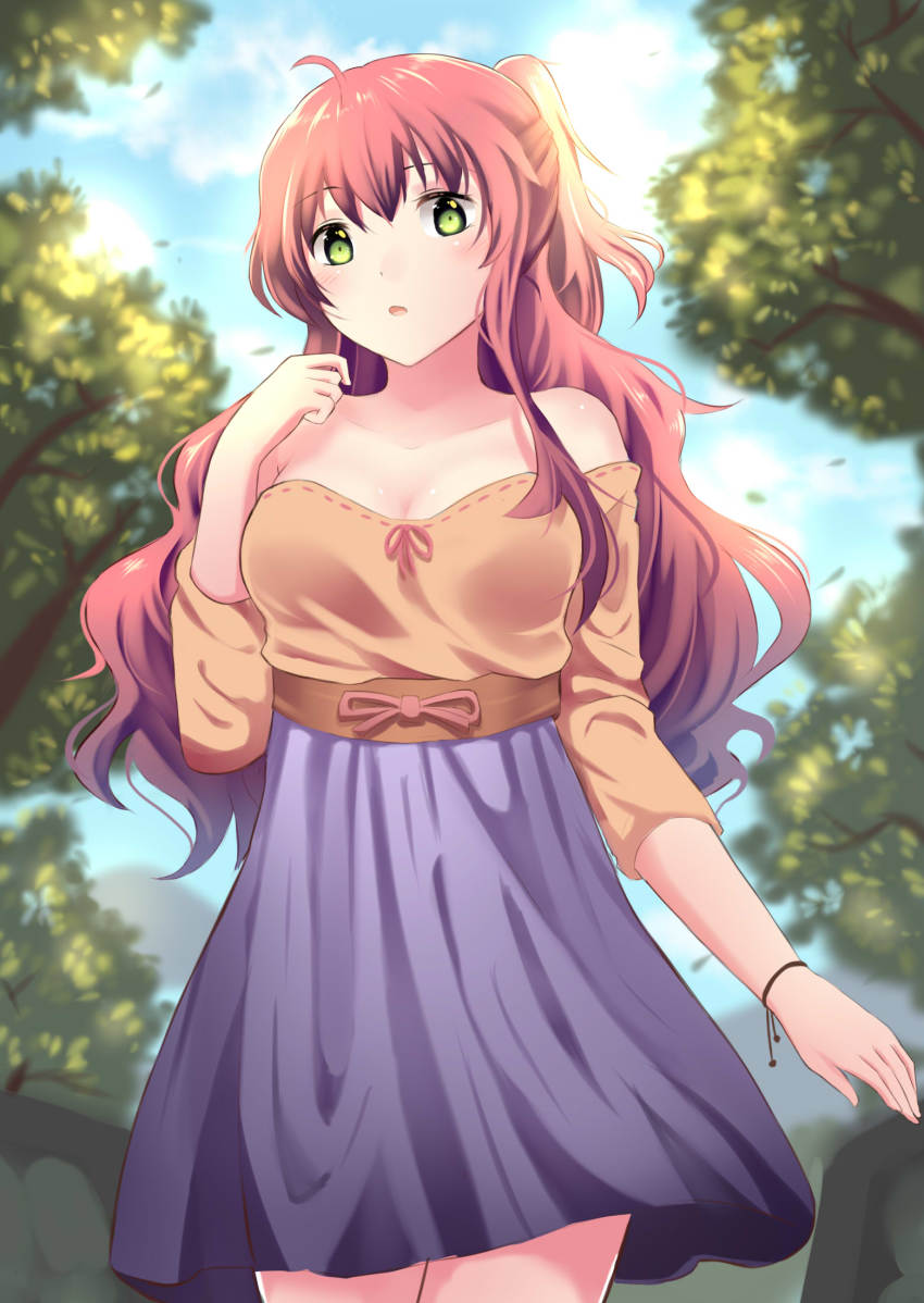 1girl ahoge bad_id bad_pixiv_id bare_shoulders blouse blue_sky blush bow bracelet breasts cleavage cloud cowboy_shot day female_focus green_eyes highres jewelry long_hair looking_at_viewer medium_breasts off_shoulder open_mouth original outdoors pink_hair purple_skirt ribbon_trim shirt skirt sky solo standing sunlight tree ucukrtz wristband