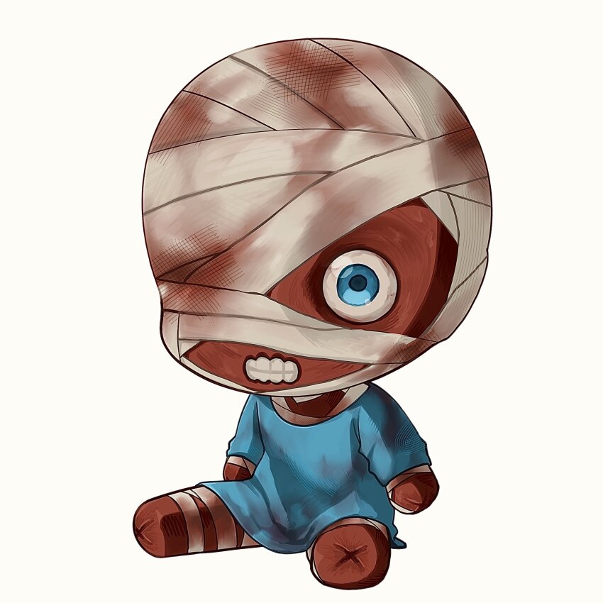 1other absurdres amputee bandaged_head bandaged_leg bandages blood blood_on_clothes blood_stain blue_eyes chibi chibi_only curly_(mouthwashing) curly_(post-crash)_(mouthwashing) full_body highres hospital_gown katsumira looking_at_viewer mouthwashing one_eye_covered quadruple_amputee sitting skinned solo spread_legs veins