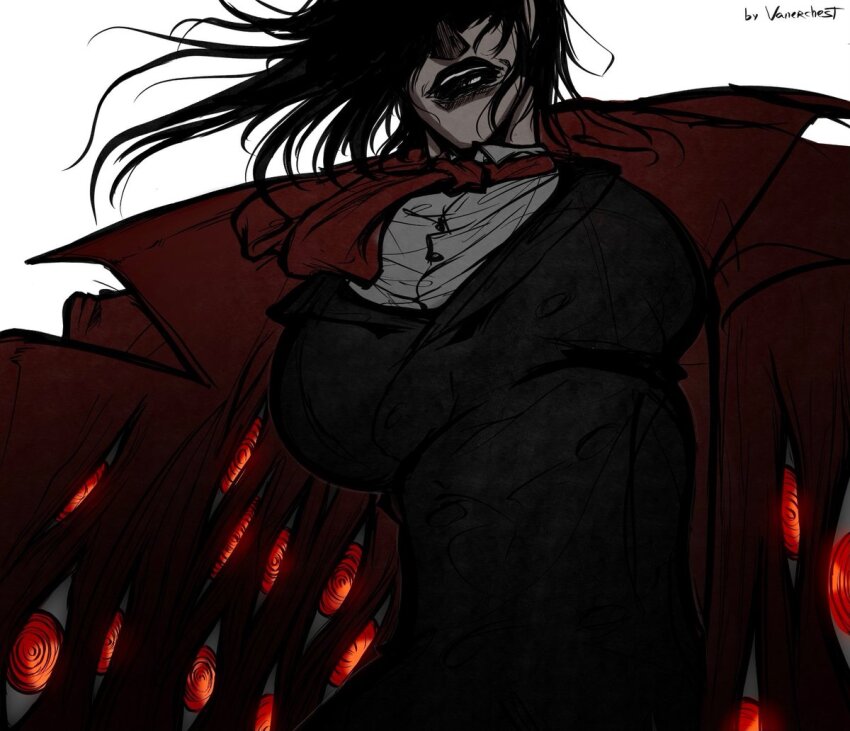 1girl alucard_(hellsing) black_hair boots breasts female_focus formal_clothes genderswap genderswap_(mtf) gloves hair_over_eyes hellsing jacket jacket_on_shoulders large_breasts long_hair magic smile smirk smug solo suit threatening vampire very_long_hair white_gloves