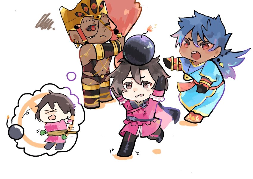 3boys black_sclera bomb chest_harness chibi chibi_inset colored_sclera constantine_xi_(fate) dark-skinned_male dark_skin explosive face_piercing fate/grand_order fate_(series) greco-roman_clothes harness helmet highres ka2ketchu01 lip_piercing male_focus motion_lines multiple_boys nose_piercing one_eye_closed piercing pointing pointing_at_another robe roman_clothes romulus_(fate) romulus_quirinus_(fate) running wavy_mouth x_x