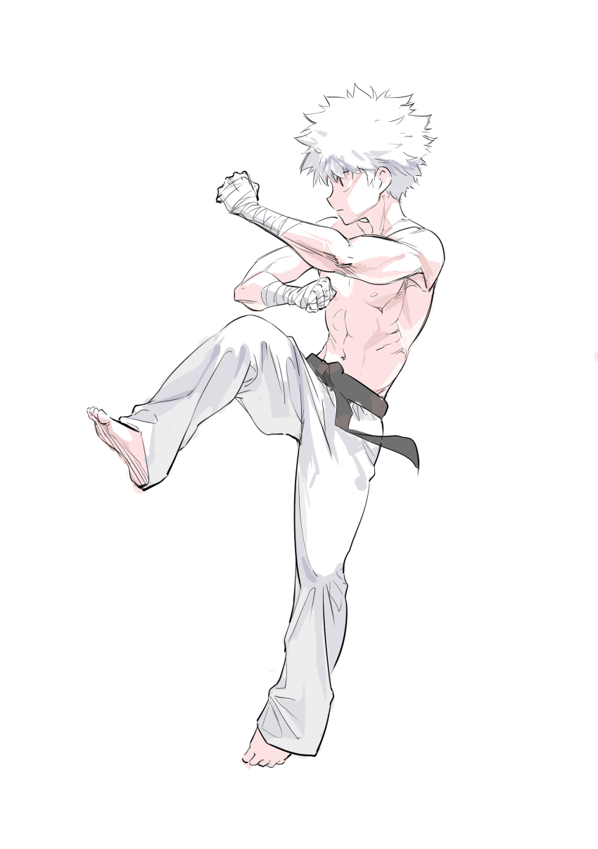 1boy absurdres bandages barefoot belt black_belt highres hunter_x_hunter kariki_hajime killua_zoldyck short_hair solo topless_male white_background white_hair