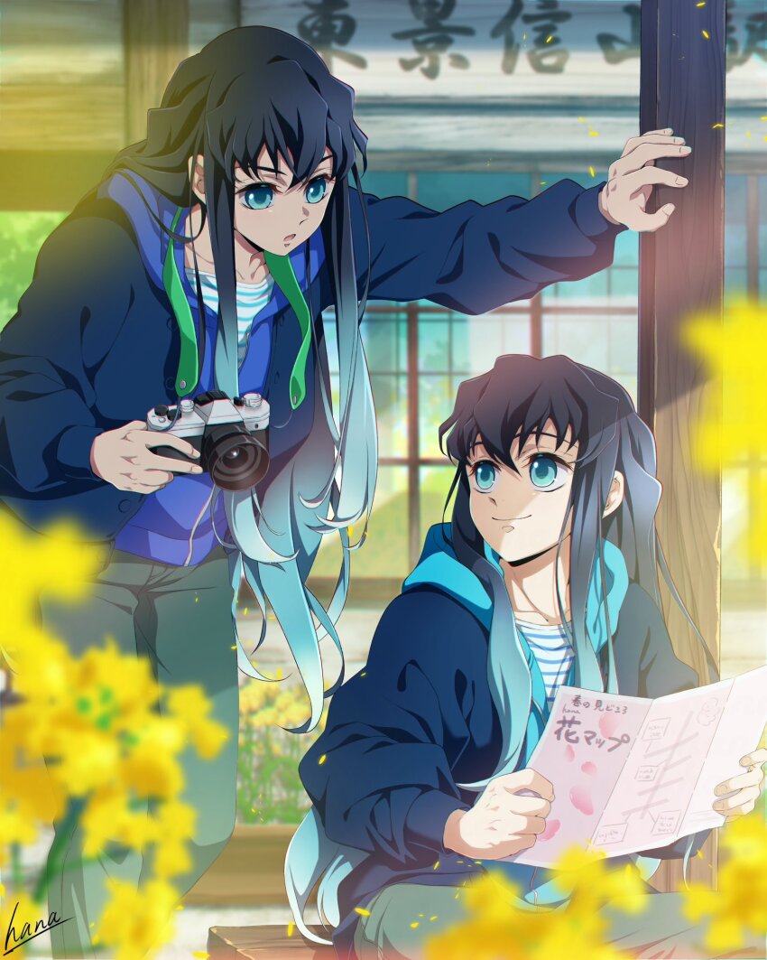 2boys alternate_costume aqua_eyes bench black_hair black_jacket blue_jacket brothers camera closed_mouth gradient_hair green_pants hana_ni_nare highres holding holding_camera holding_map jacket kimetsu_no_yaiba long_hair long_sleeves male_focus map multicolored_hair multiple_boys open_mouth pants shirt siblings sitting smile striped_clothes striped_shirt tokitou_muichirou tokitou_yuichirou track_jacket twins