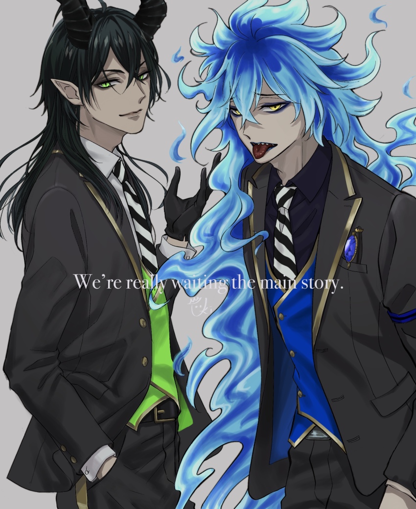 2boys black_hair black_suit blue_hair blue_vest commentary_request cowboy_shot dragon_boy dragon_horns english_text fiery_hair formal_clothes green_eyes green_vest grey_background hands_in_pockets highres horns idia_shroud long_hair looking_at_viewer male_focus malleus_draconia multiple_boys night_raven_college_uniform sharp_teeth simple_background slit_pupils suit teeth tongue tongue_out twisted_wonderland ukichan12011 very_long_hair vest yellow_eyes