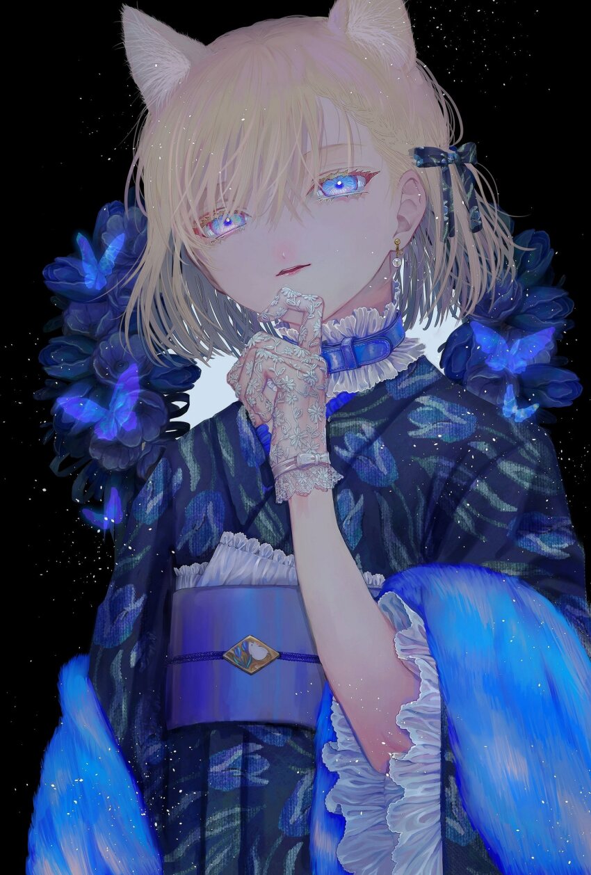 1girl animal_ear_fluff animal_ears belt belt_collar black_background blonde_hair blue_belt blue_bow blue_butterfly blue_eyes blue_flower blue_kimono blue_sash blue_sleeves blue_theme blue_tulip blush bow bug butterfly collar commentary earrings eyelashes finger_to_own_chin floating_earrings floral_print flower fox_ears frilled_collar frilled_sleeves frills gloves hair_bow highres insect japanese_clothes jewelry kimono lace lace_gloves lipstick long_sleeves looking_at_viewer makeup nose_blush obi original parted_lips red_lips sash short_hair sojo_106 solo symbol-only_commentary tulip upper_body wide_sleeves