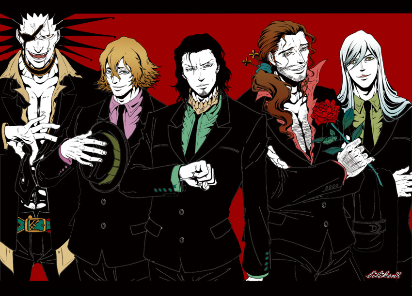 5boys arrancar biliken black_hair bleach brown_hair coyote_starrk eyepatch facial_hair flower formal_clothes kyouraku_shunsui long_hair multiple_boys odd_one_out ponytail rose scar spiked_hair stubble suit ukitake_juushirou urahara_kisuke white_hair zaraki_kenpachi