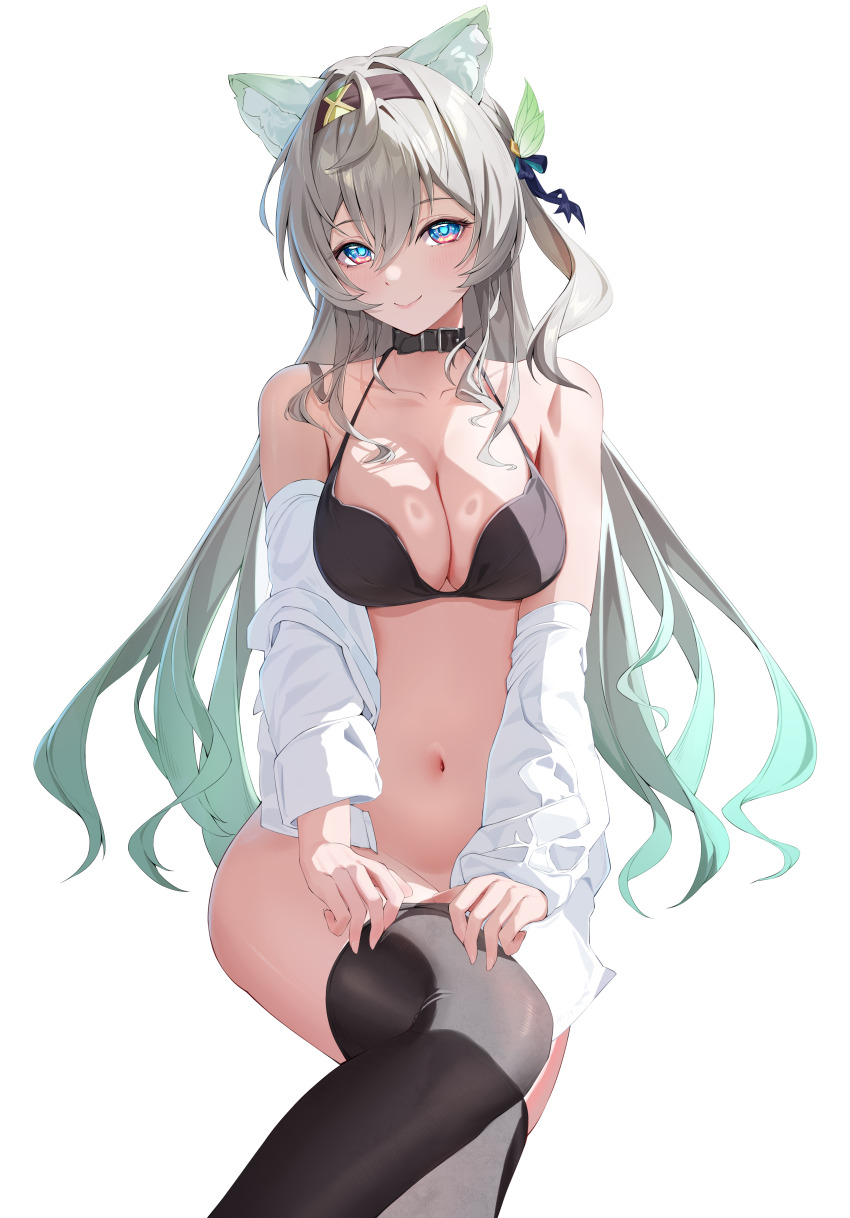 1girl absurdres animal_ear_fluff animal_ears belt_collar black_bra black_hairband black_thighhighs blue_eyes blue_pupils bra breasts cat_ears collar collarbone firefly_(honkai:_star_rail) gradient_hair green_hair grey_hair hair_ornament hairband highres honkai:_star_rail honkai_(series) invisible_chair katal kemonomimi_mode large_breasts long_hair multicolored_eyes multicolored_hair navel open_clothes open_shirt purple_hair putting_on_legwear shirt simple_background sitting smile solo thighhighs two-tone_eyes two-tone_hair underwear white_background white_shirt