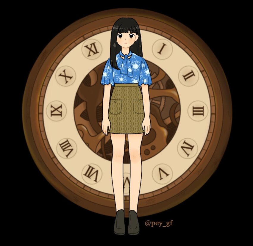 1girl animification black_background black_hair blue_shirt blunt_bangs brown_footwear brown_skirt clock commentary eunha_(gfriend) expressionless full_body gfriend hair_behind_ear high-waist_skirt k-pop long_hair looking_at_viewer pey_gf real_life shirt skirt solo twitter_username