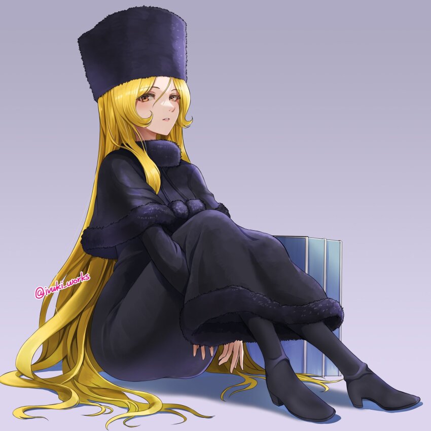 1girl black_dress black_shoes blonde_hair blush breasts coat commentary_request dress full_body fur_coat fur_hat ginga_tetsudou_999 grey_background hat high_heels highres hugging_own_legs ivuki knees_to_chest long_hair long_sleeves looking_at_viewer maetel pantyhose parted_lips shoes simple_background sitting smile solo turtleneck twitter_username ushanka very_long_hair yellow_eyes