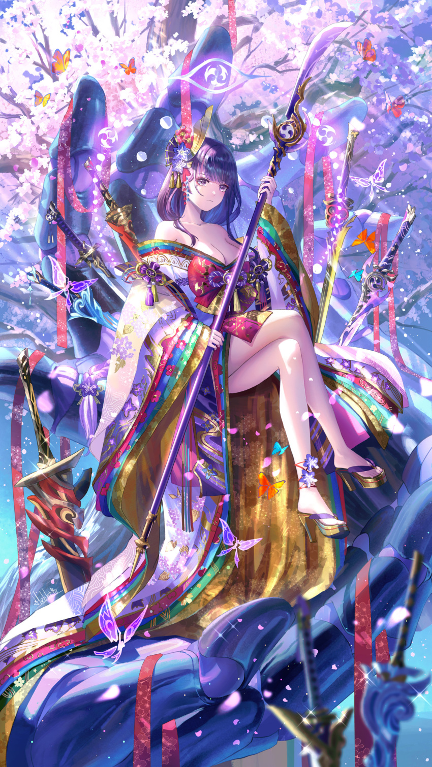 1girl alternate_costume bare_legs breasts chinese_commentary cleavage closed_mouth collarbone commentary_request crossed_legs feet flower footwear_request genshin_impact hair_flower hair_ornament hebbtia high_heel_sandals highres holding holding_polearm holding_weapon japanese_clothes kimono large_breasts looking_at_viewer mixed-language_commentary mole mole_under_eye naginata off_shoulder platform_clogs polearm purple_eyes purple_flower purple_hair purple_kimono purple_theme raiden_shogun sandals sitting solo toes weapon wide_shot
