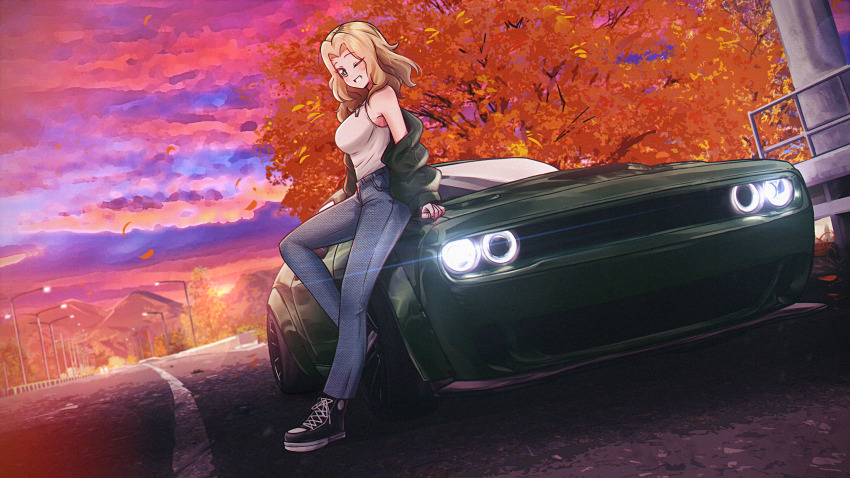 1girl absurdres autumn blonde_hair blush breasts car denim dodge_challenger girls_und_panzer green_car highres jeans kay_(girls_und_panzer) large_breasts laughing long_hair looking_at_viewer mizzterbii motor_vehicle off_shoulder one_eye_closed outdoors pants road solo tank_top white_tank_top