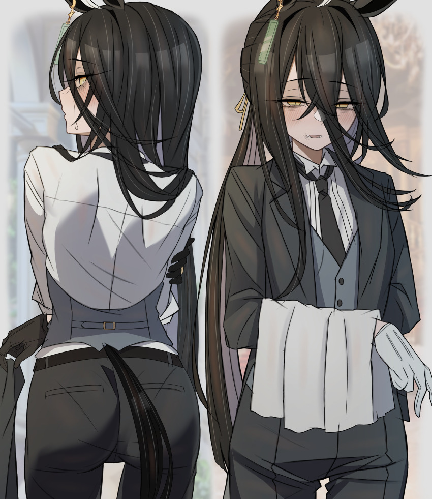 absurdres animal_ears belt black_belt black_gloves black_hair black_necktie black_pants collared_shirt commentary_request ear_tag earrings english_text expressionless gloves grey_vest hair_between_eyes highres horse_ears horse_girl jewelry leogust long_bangs long_hair long_hair_between_eyes manhattan_cafe_(umamusume) necktie pants parted_lips removing_jacket shirt single_earring sweatdrop textless_version towel_on_arm translation_request umamusume variant_set very_long_hair vest white_shirt