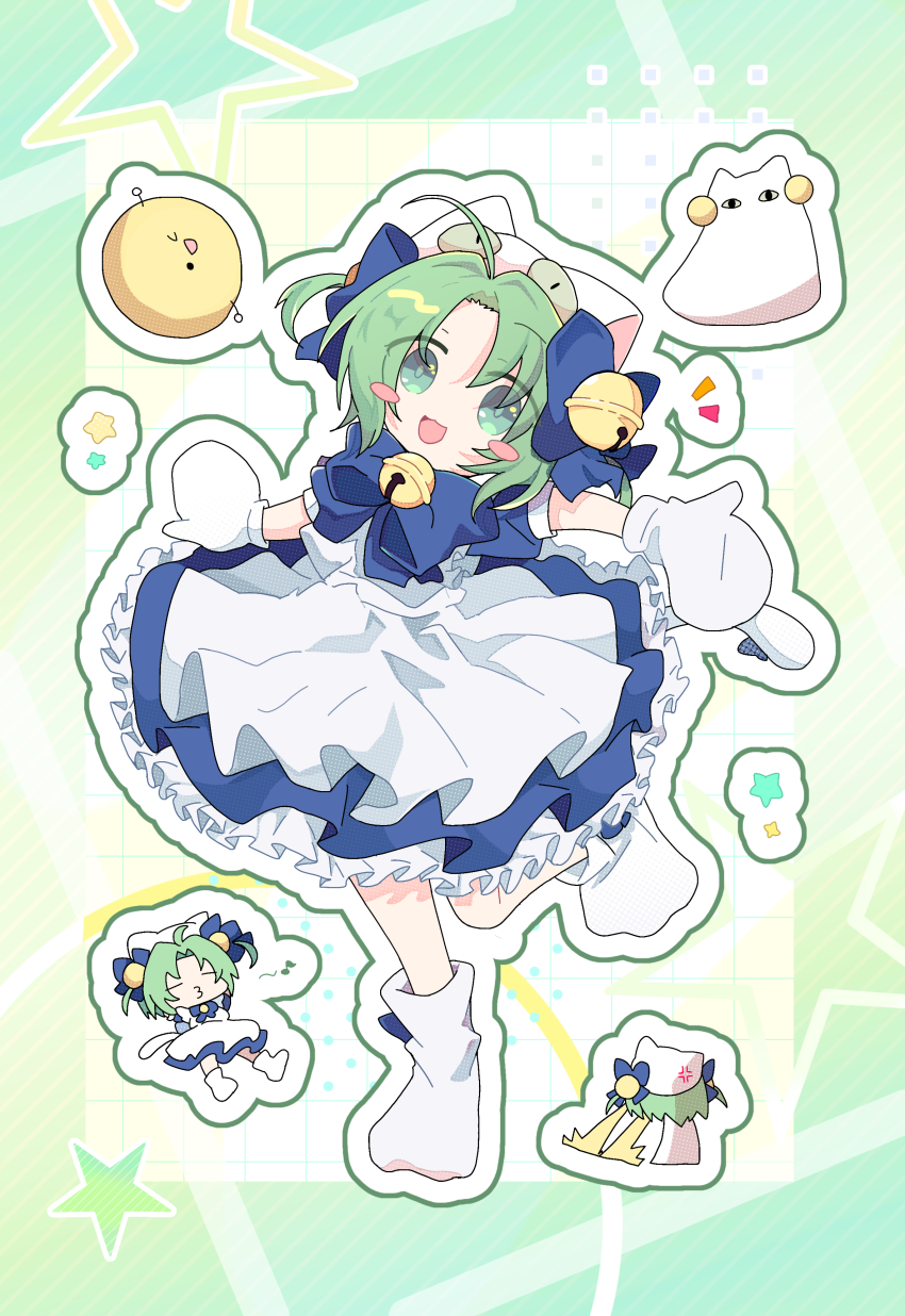 1girl absurdres ahoge animal_hat apron bell blue_bow blue_dress blush_stickers bow cat_hat dejiko di_gi_charat dress eye_beam frilled_dress frills full_body gema green_eyes green_hair hair_bell hair_ornament hat highres long_hair mittens open_mouth puffy_short_sleeves puffy_sleeves sakana_nosuke short_sleeves white_apron white_mittens