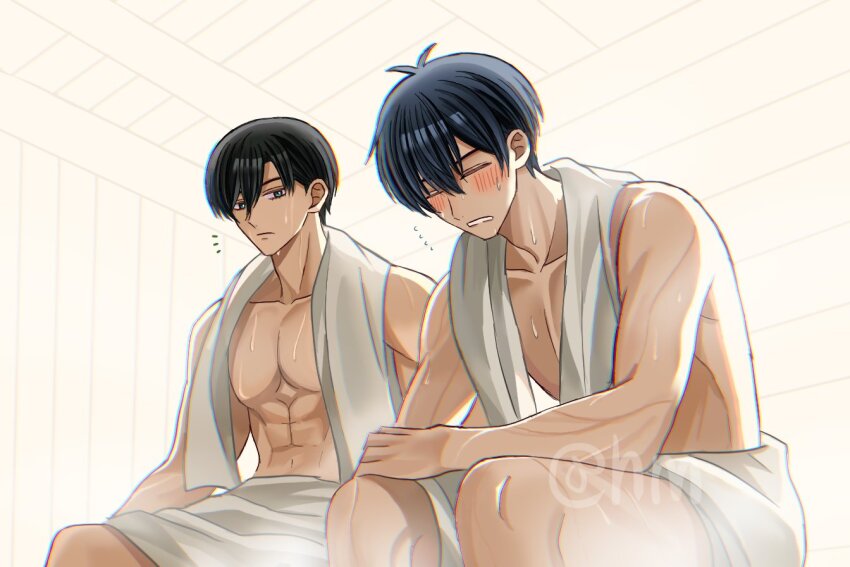 2boys black_hair blue_lock blush closed_eyes green_eyes hair_between_eyes hyohls2_(hamao3o) isagi_yoichi itoshi_rin male_focus multiple_boys muscular muscular_male onsen short_hair topless_male towel towel_around_neck towel_around_waist